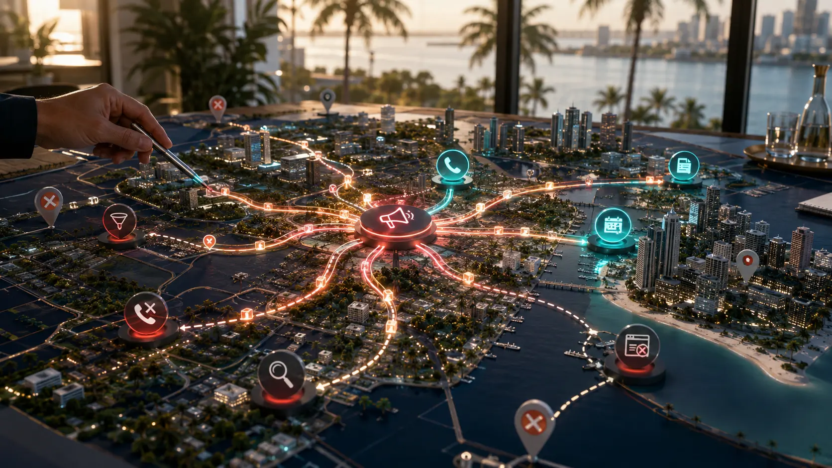 Miami advertising strategy map showing paid ad spend paths, strong leads, missed calls, weak targeting, and budget waste.