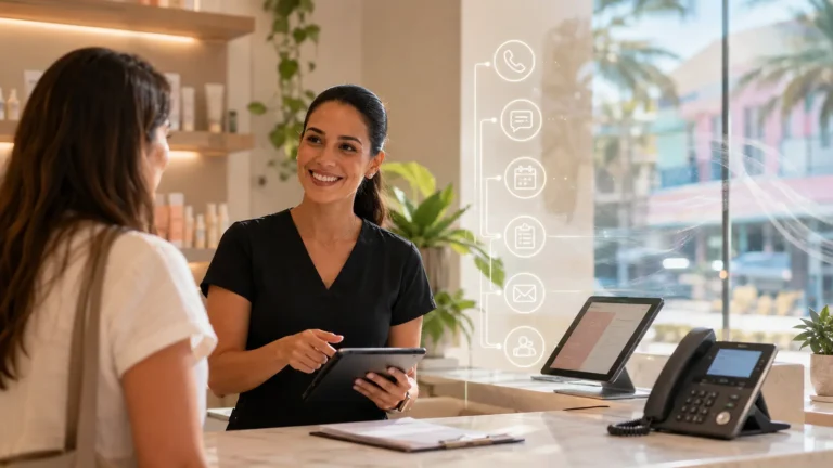 Miami small business owner helping a customer while AI supported phone, chat, booking, and follow up systems capture incoming inquiries.