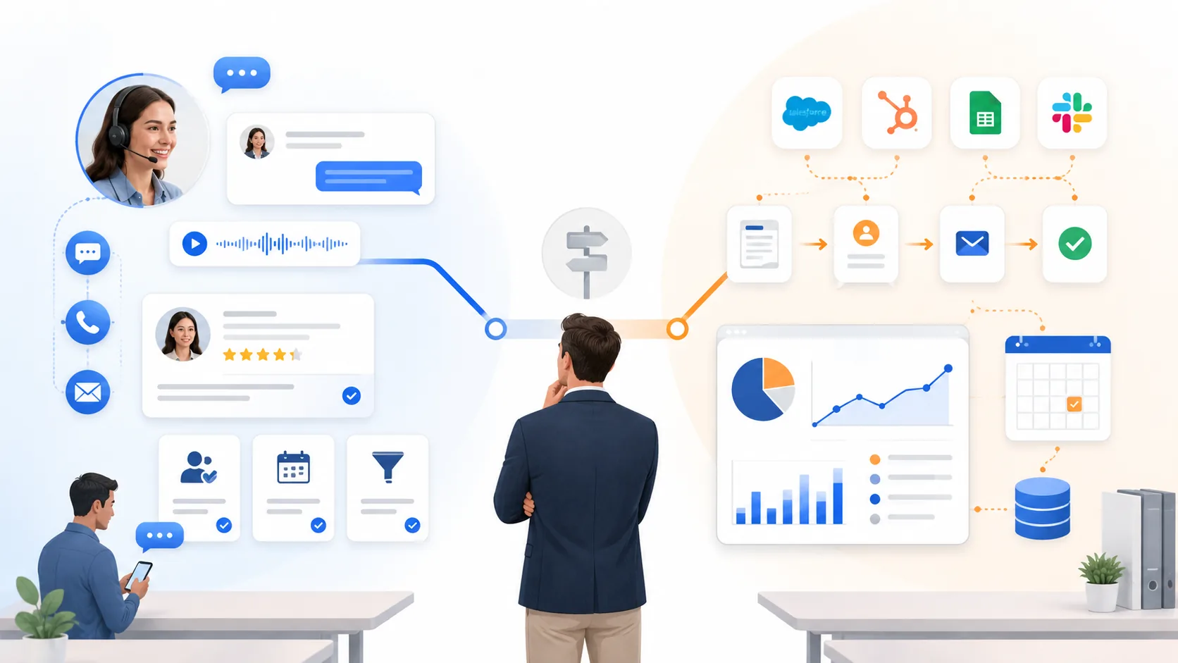 Illustration comparing customer-facing AI agents on one side with backend AI automation and integrations on the other, helping a business owner decide what to automate first.
