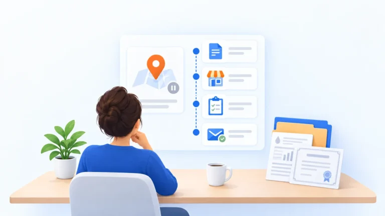 Business owner at a desk reviewing a paused map-pin listing next to a four-step checklist and a folder of registration, license, and utility documents.