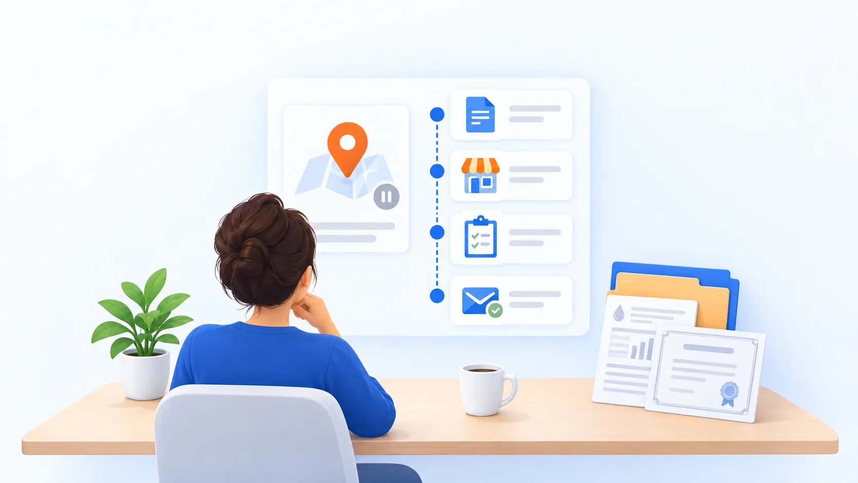 Business owner at a desk reviewing a paused map-pin listing next to a four-step checklist and a folder of registration, license, and utility documents.