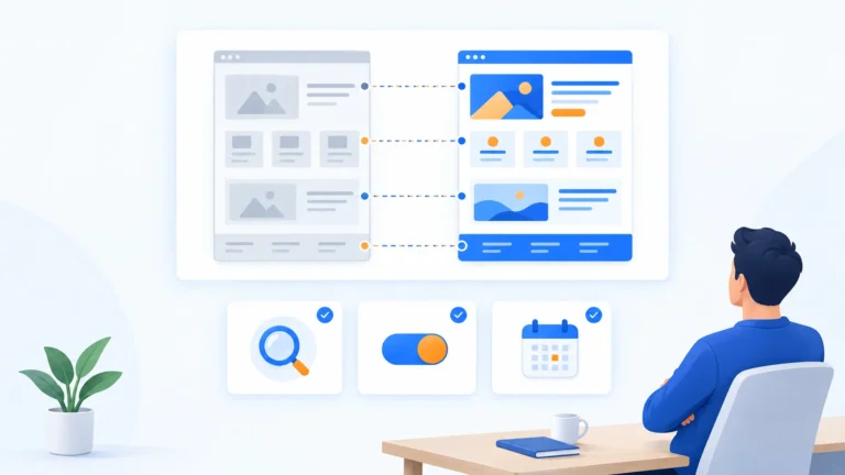 Marketing manager looking at an old website layout mapped to a new layout, with before-launch, launch, and after-launch checklist cards below.